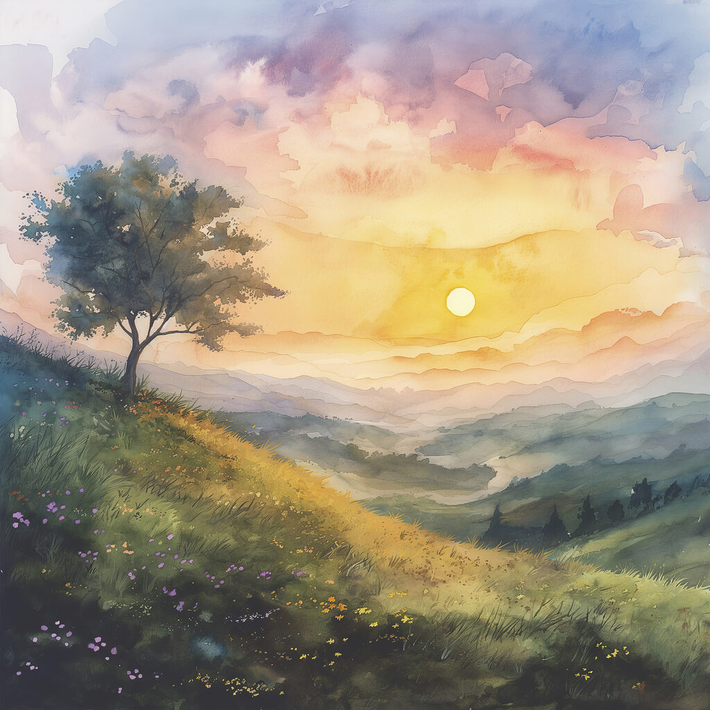 Painting of a landscape with a tree and flowers Painting of a landscape with a tree and flowers