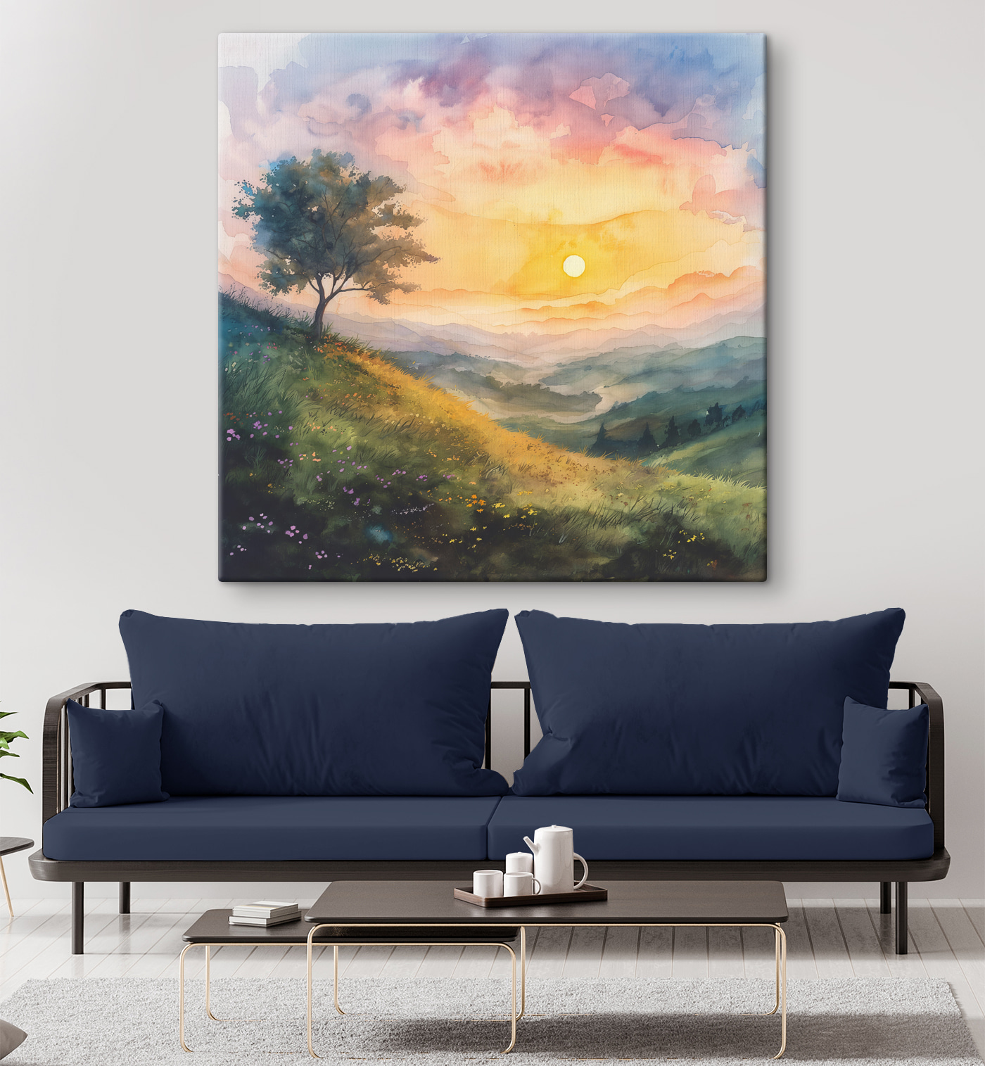 Painting of a landscape with a tree and flowers Painting of a landscape with a tree and flowers