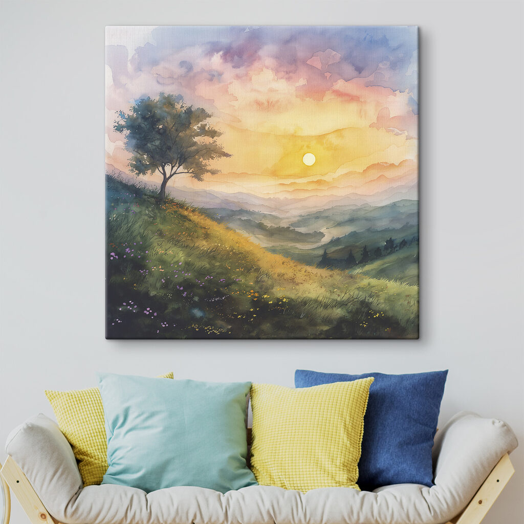 Painting of a landscape with a tree and flowers Painting of a landscape with a tree and flowers