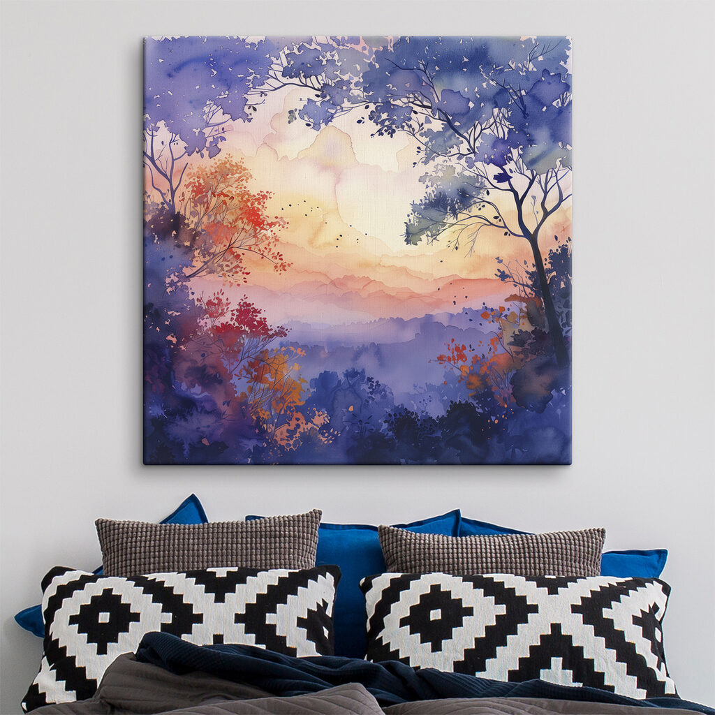 Watercolor painting of trees and a sunset