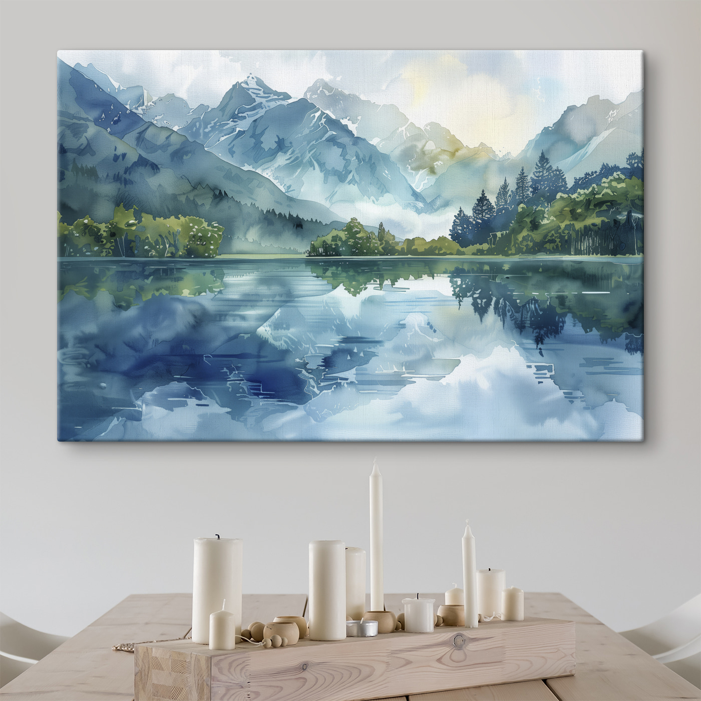 Water painting of a lake with trees and mountains in the background