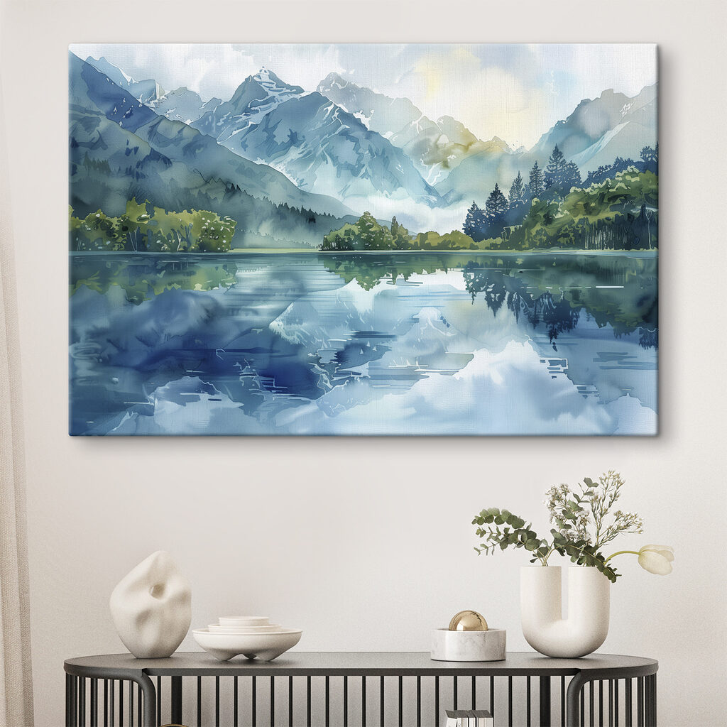 Water painting of a lake with trees and mountains in the background