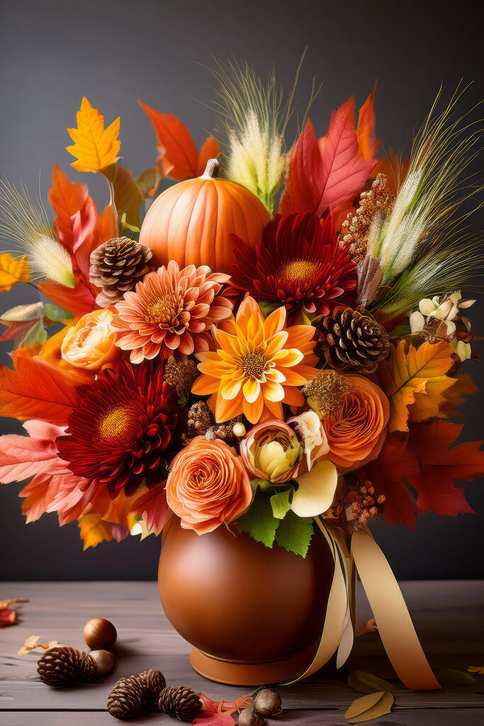 Vase of flowers and pumpkins