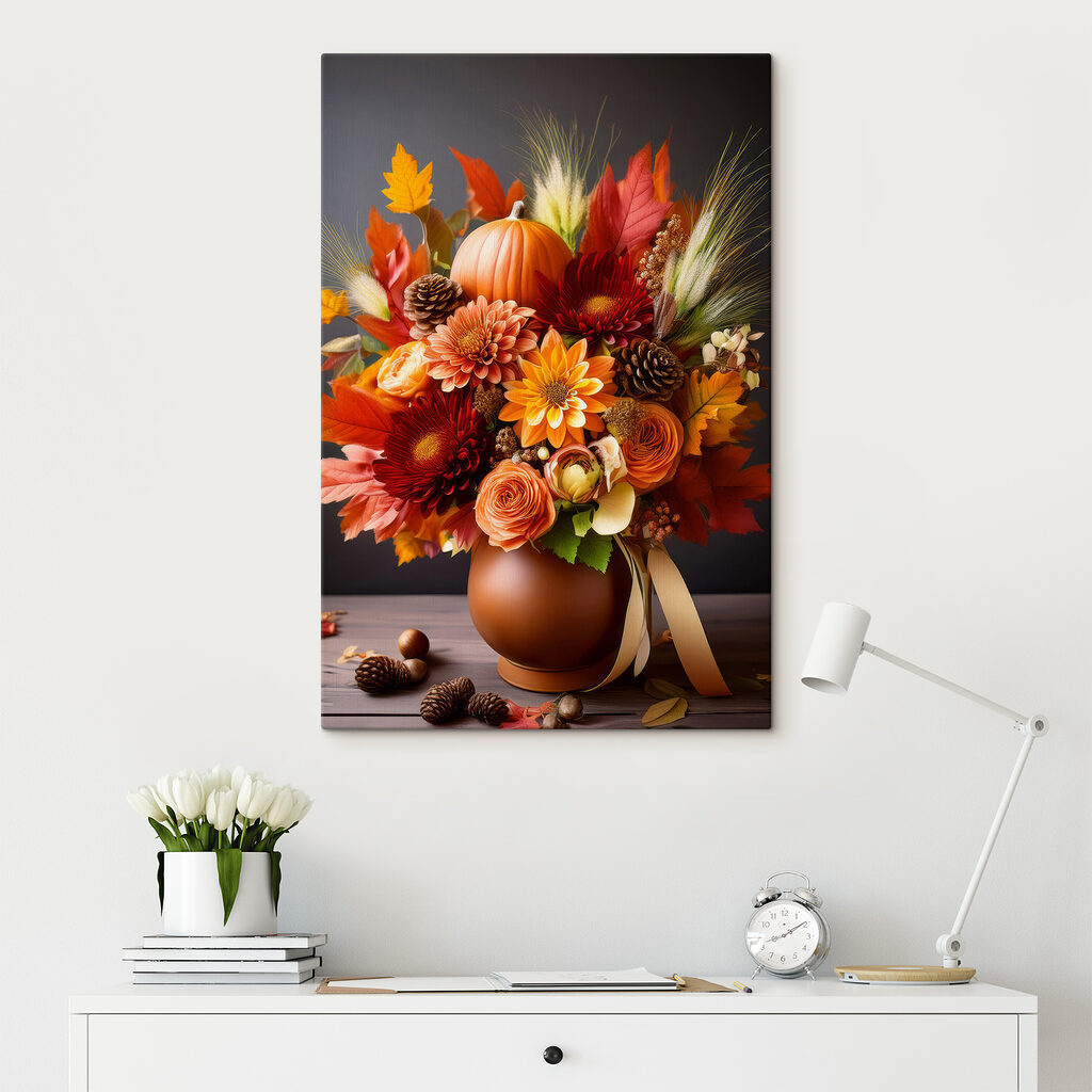 Vase of flowers and pumpkins