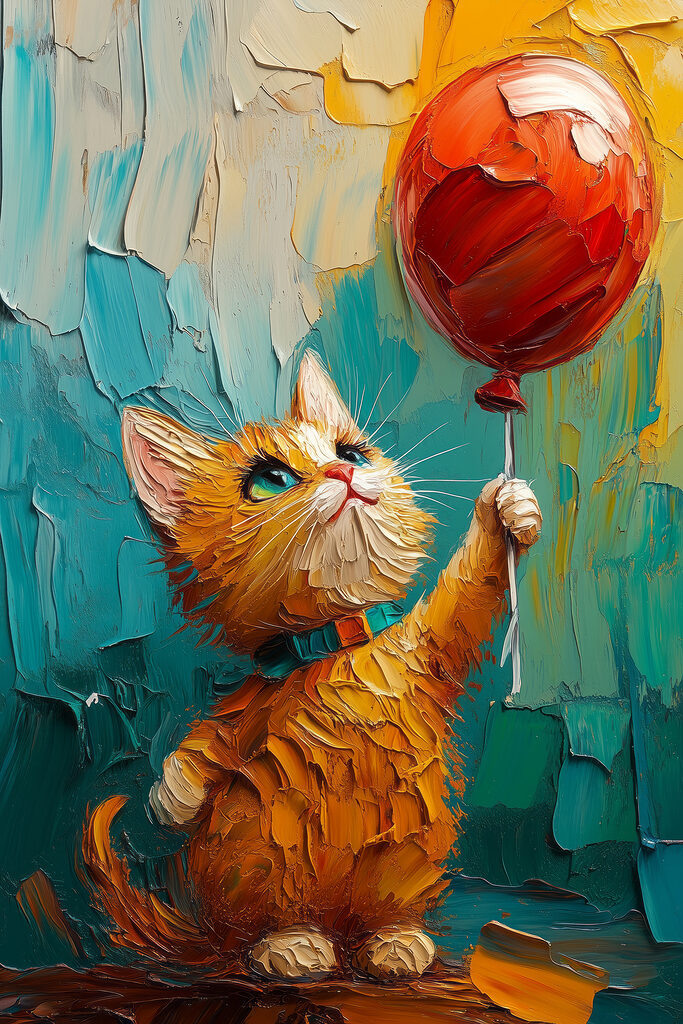 Painting of a cat holding a balloon