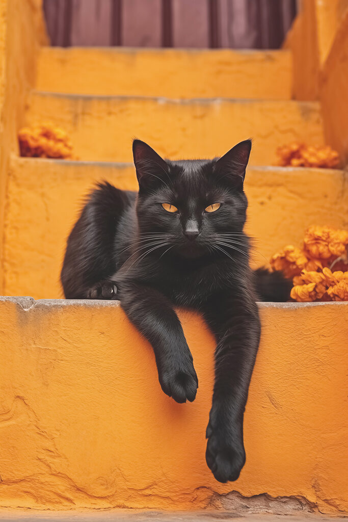 Black cat lying on a staircase