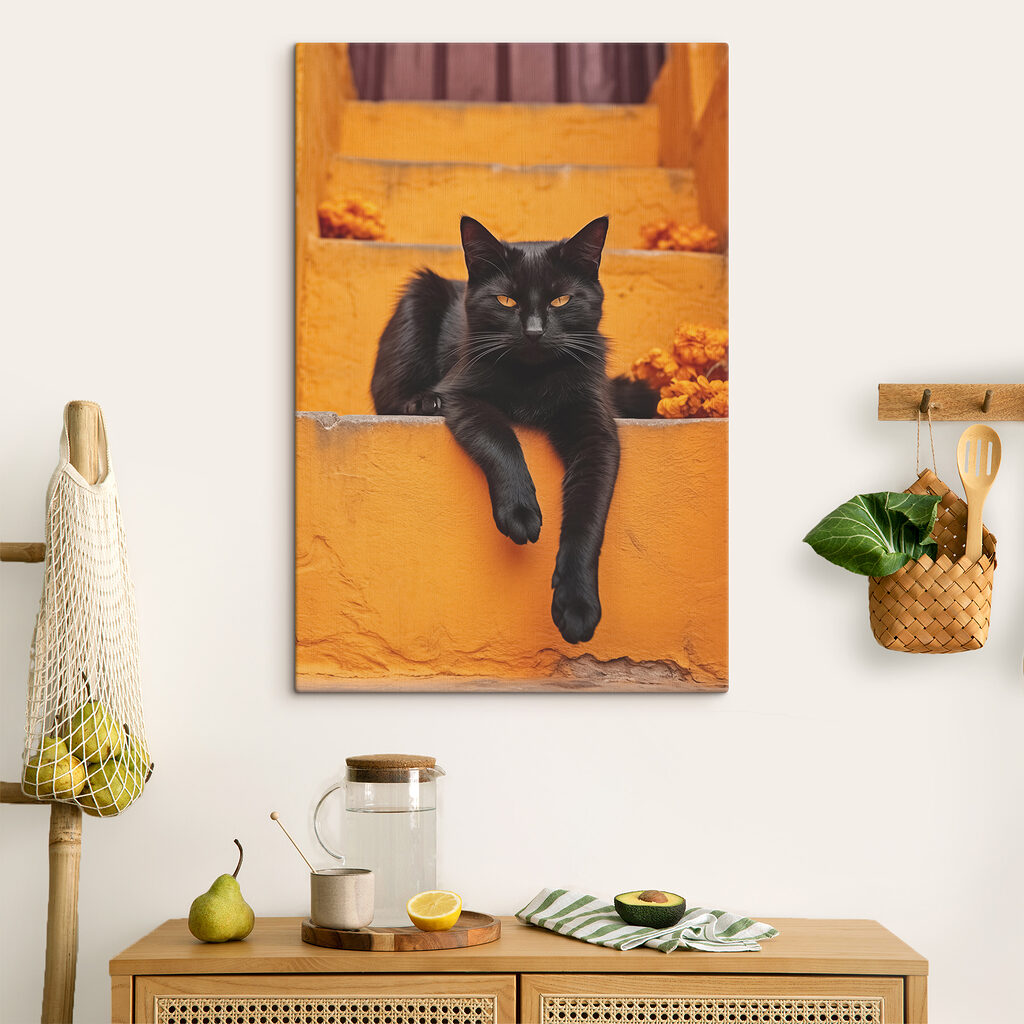 Black cat lying on a staircase