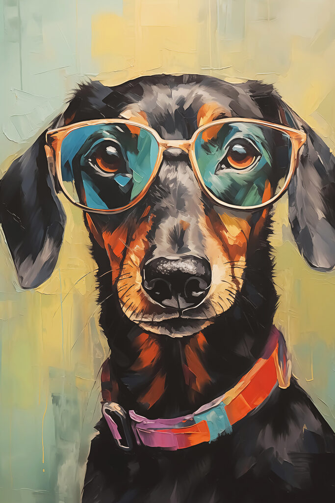 Painting of a dog wearing glasses