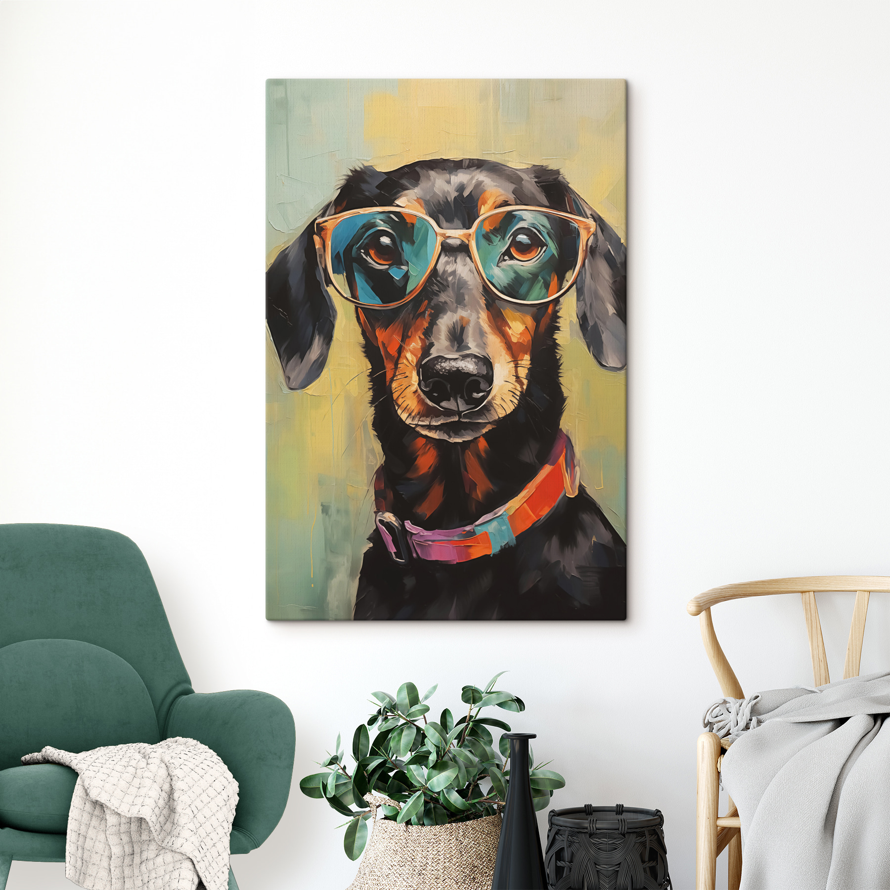 Painting of a dog wearing glasses