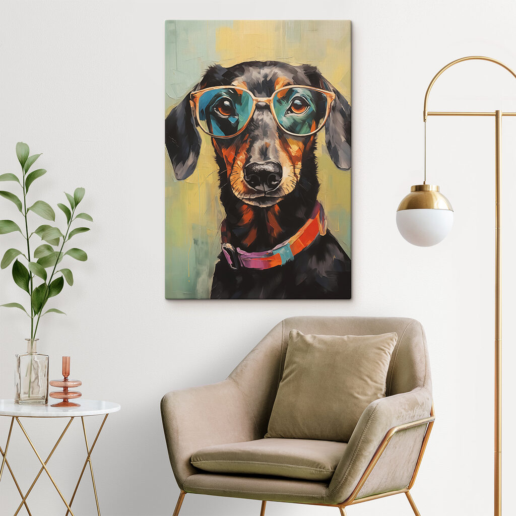 Painting of a dog wearing glasses
