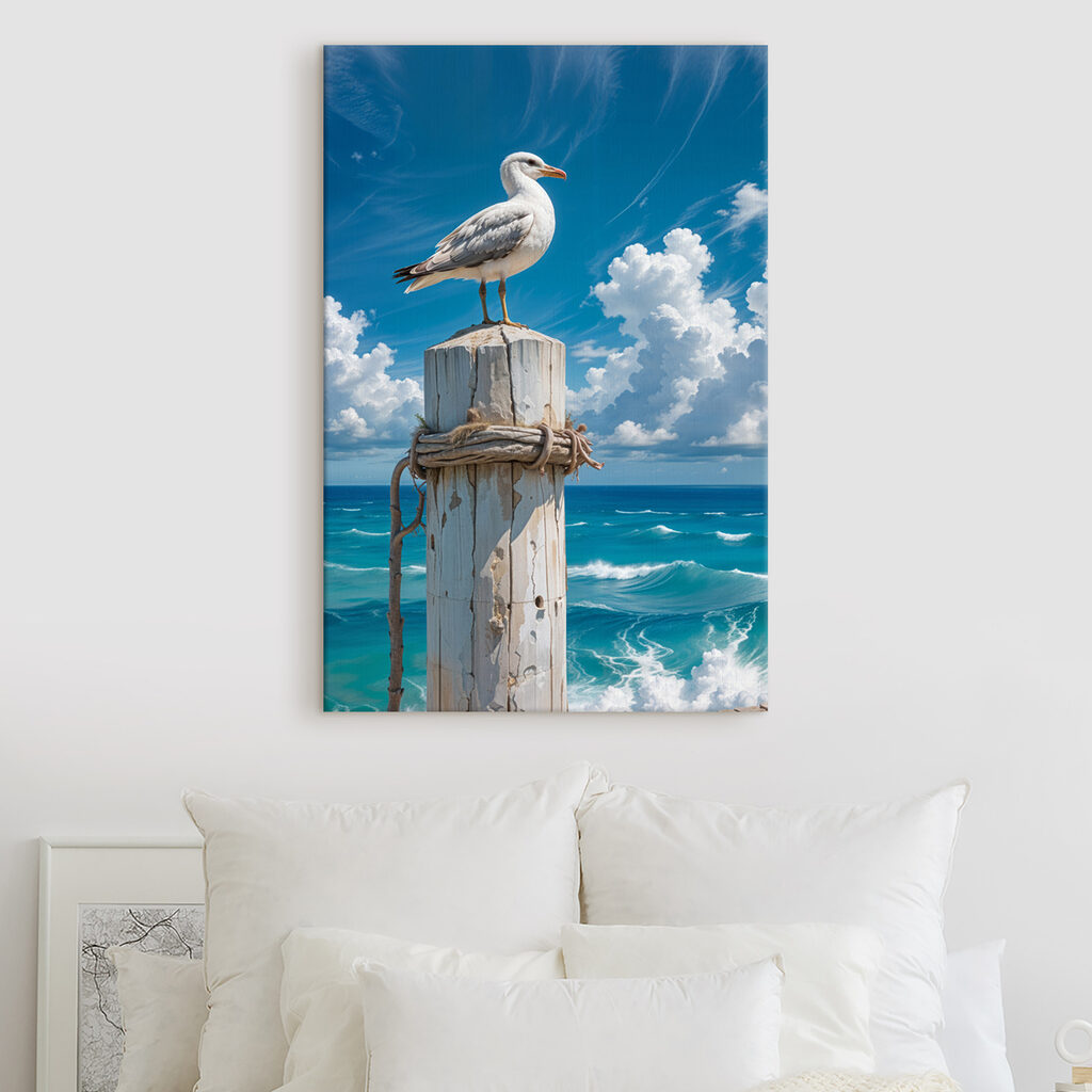 Seagull standing on a wooden post