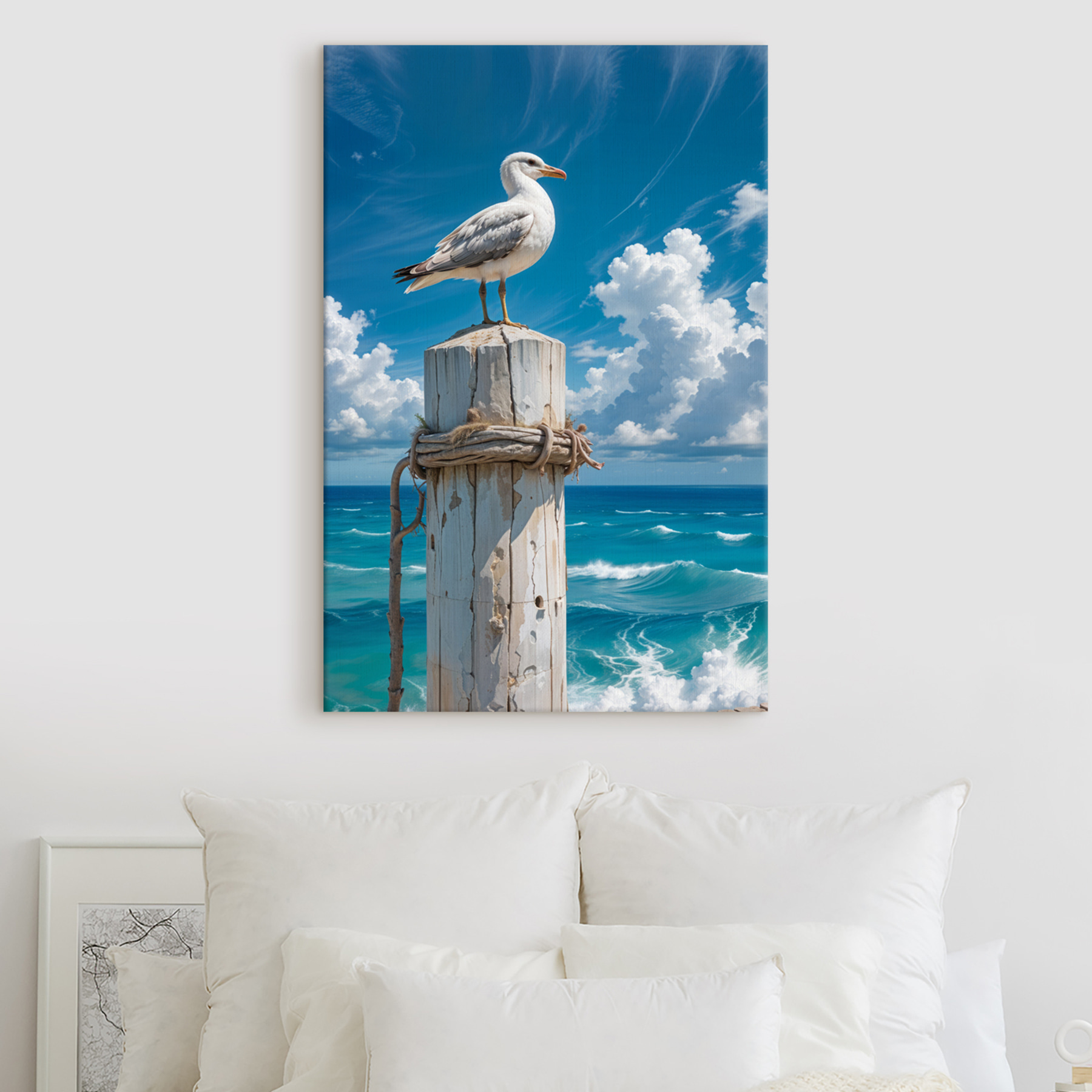 Seagull standing on a wooden post