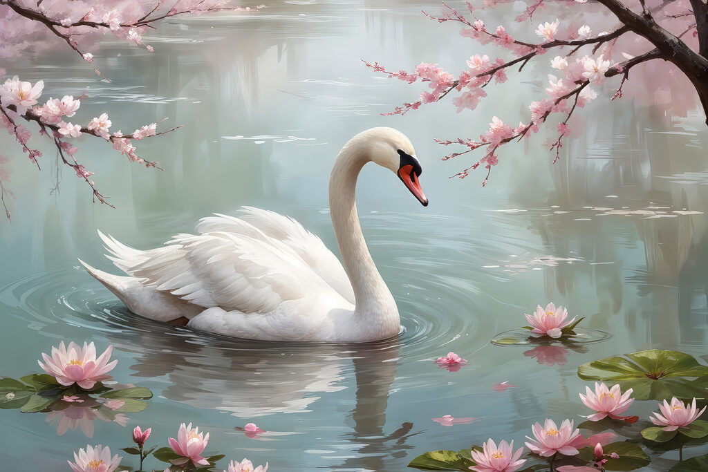 White swan in water with pink flowers White swan in water with pink flowers