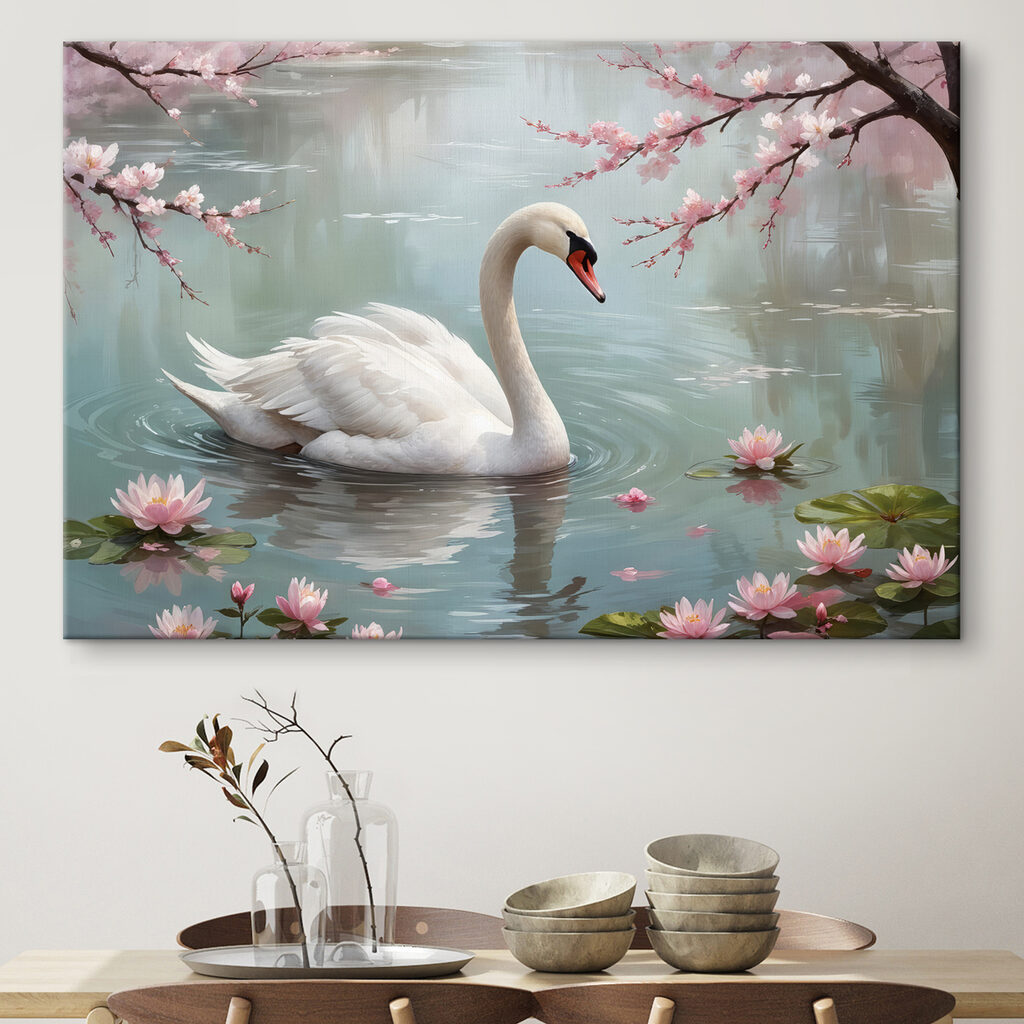 White swan in water with pink flowers White swan in water with pink flowers