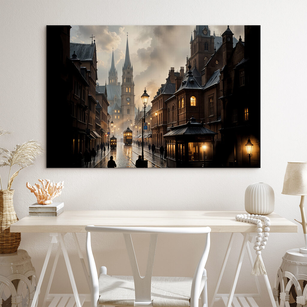 Street with buildings and a train on it