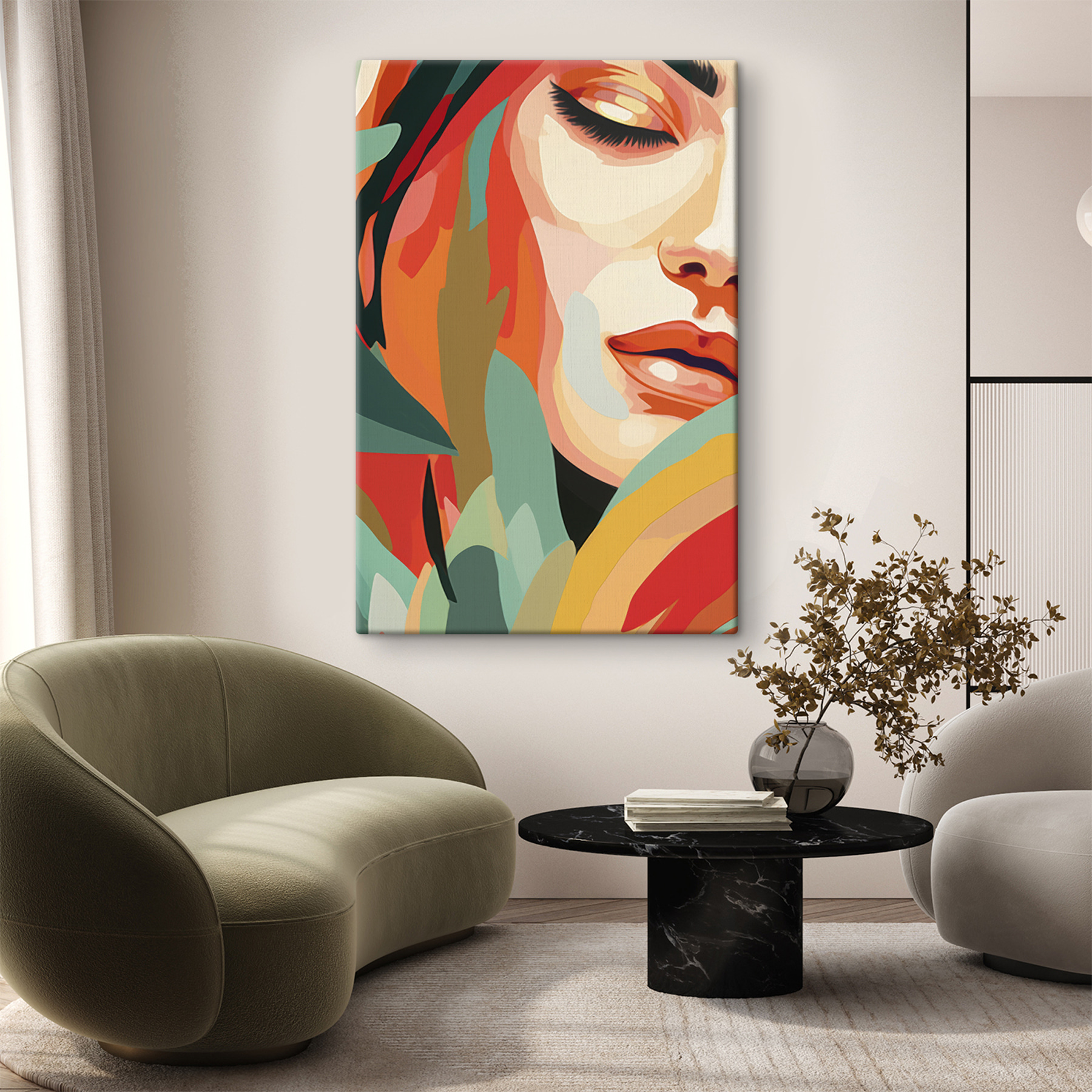 Woman's face with colorful leaves