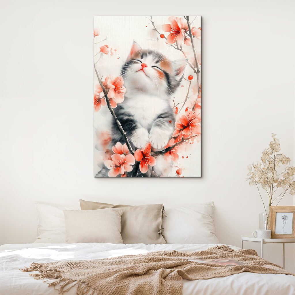 Cat sitting on a tree with flowers