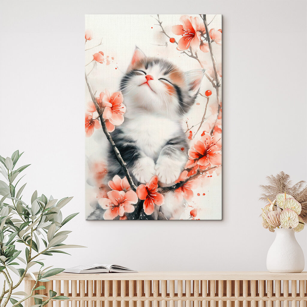 Cat sitting on a tree with flowers