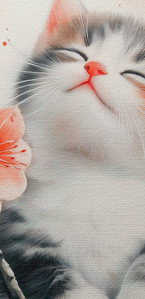 Cat sitting on a tree with flowers