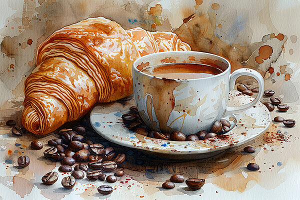 Akvarel šálku kávy a croissantu Akvarel šálku kávy a croissantu