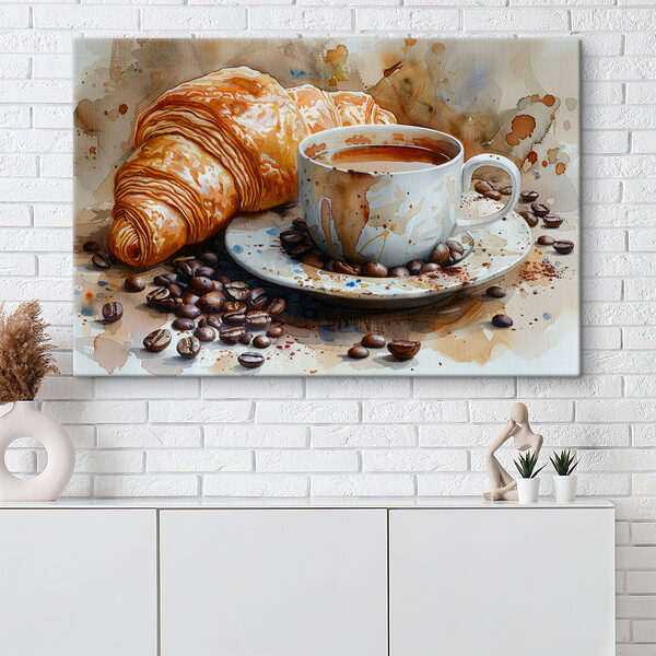 Akvarel šálku kávy a croissantu Akvarel šálku kávy a croissantu
