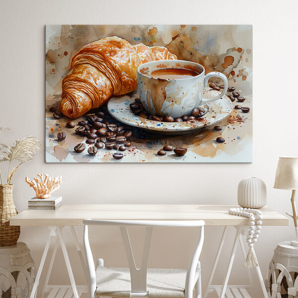 Akvarel šálku kávy a croissantu Akvarel šálku kávy a croissantu