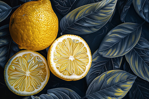 Citron rozříznutý napůl s listy Citron rozříznutý napůl s listy