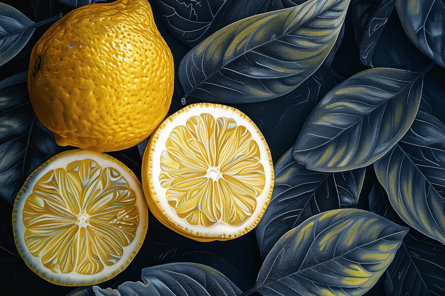 Citron rozříznutý napůl s listy Citron rozříznutý napůl s listy