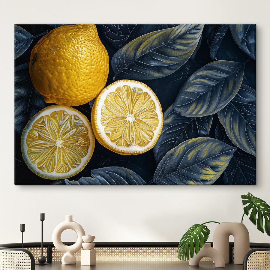 Citron rozříznutý napůl s listy Citron rozříznutý napůl s listy