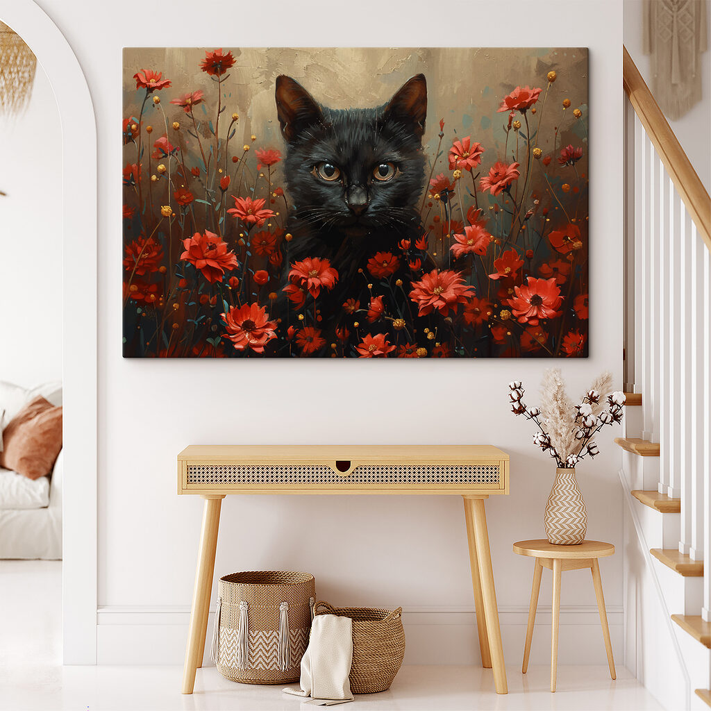 Black cat in a field of red flowers