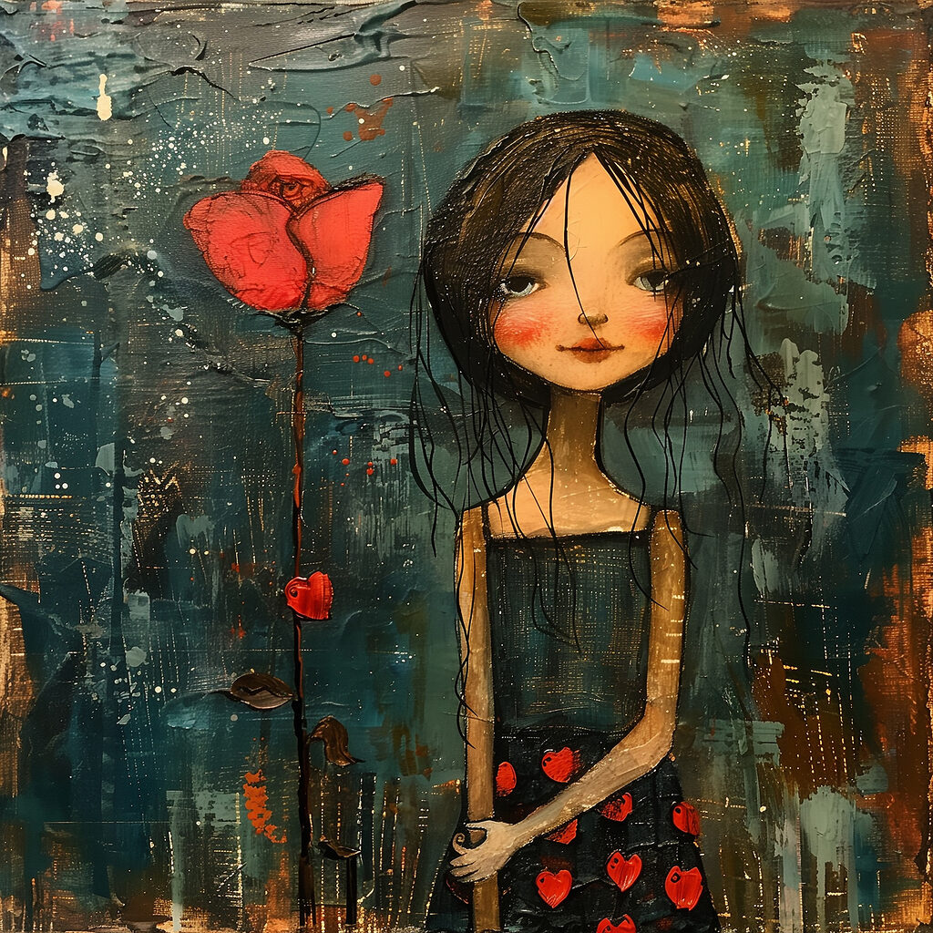 Painting of a girl holding a flower