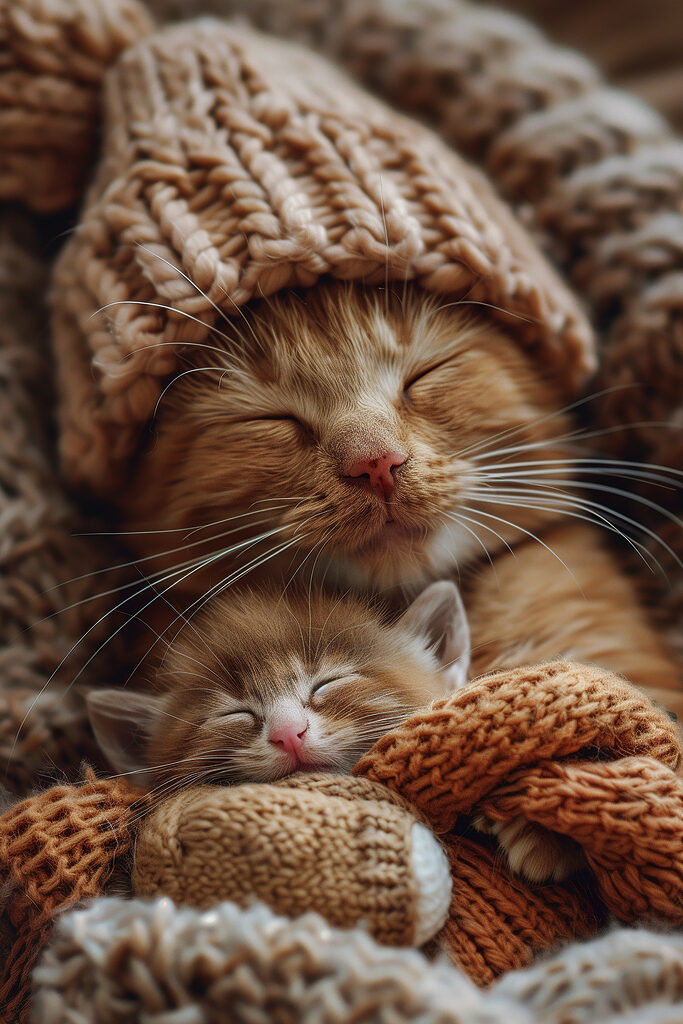Cat and kitten in knitted hats Cat and kitten in knitted hats