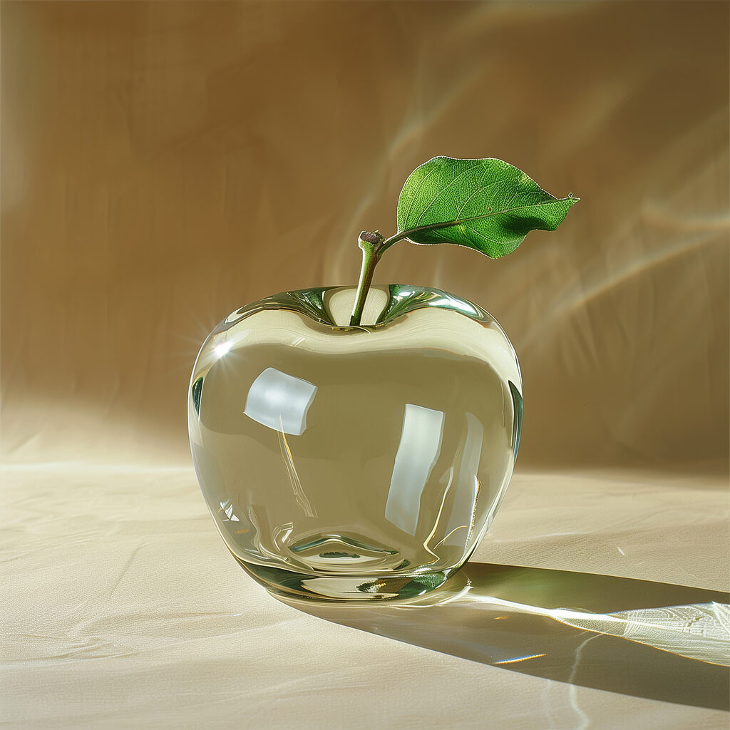 Glass apple with a leaf on it