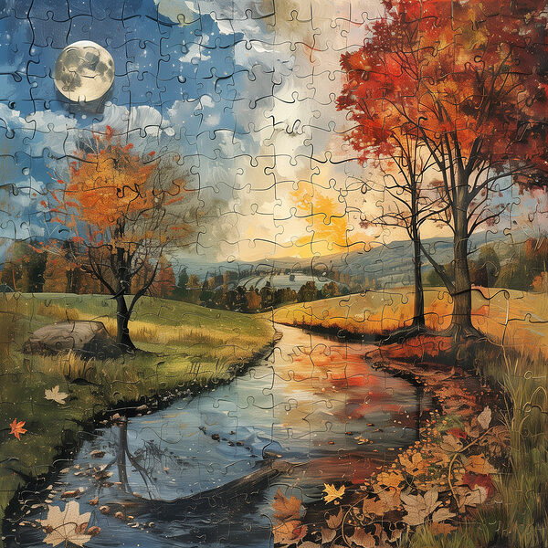 Puzzle řeky se stromy a měsícem Puzzle řeky se stromy a měsícem