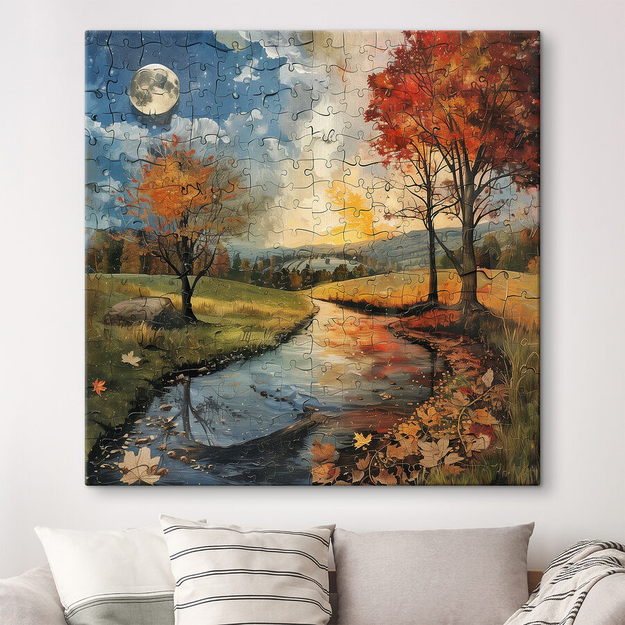 Puzzle řeky se stromy a měsícem Puzzle řeky se stromy a měsícem