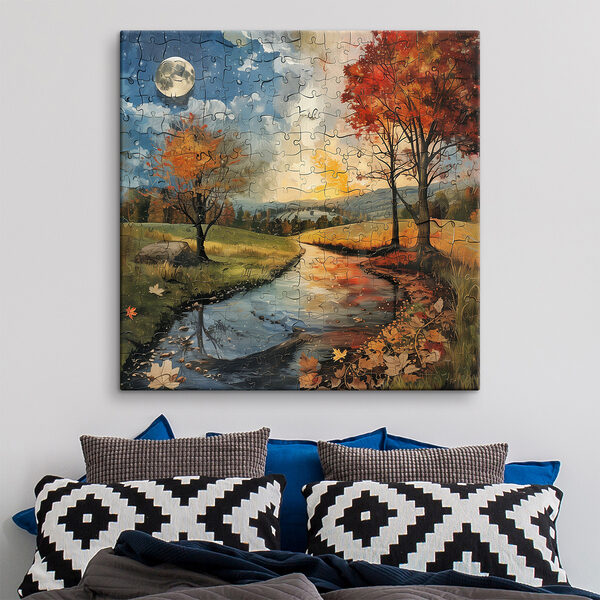 Puzzle řeky se stromy a měsícem Puzzle řeky se stromy a měsícem
