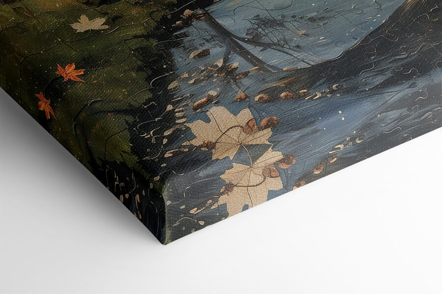 Puzzle řeky se stromy a měsícem Puzzle řeky se stromy a měsícem