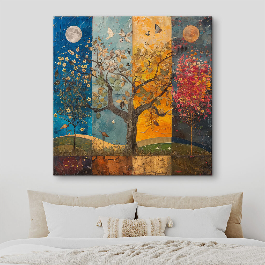 Painting of a tree with different colors of trees and birds