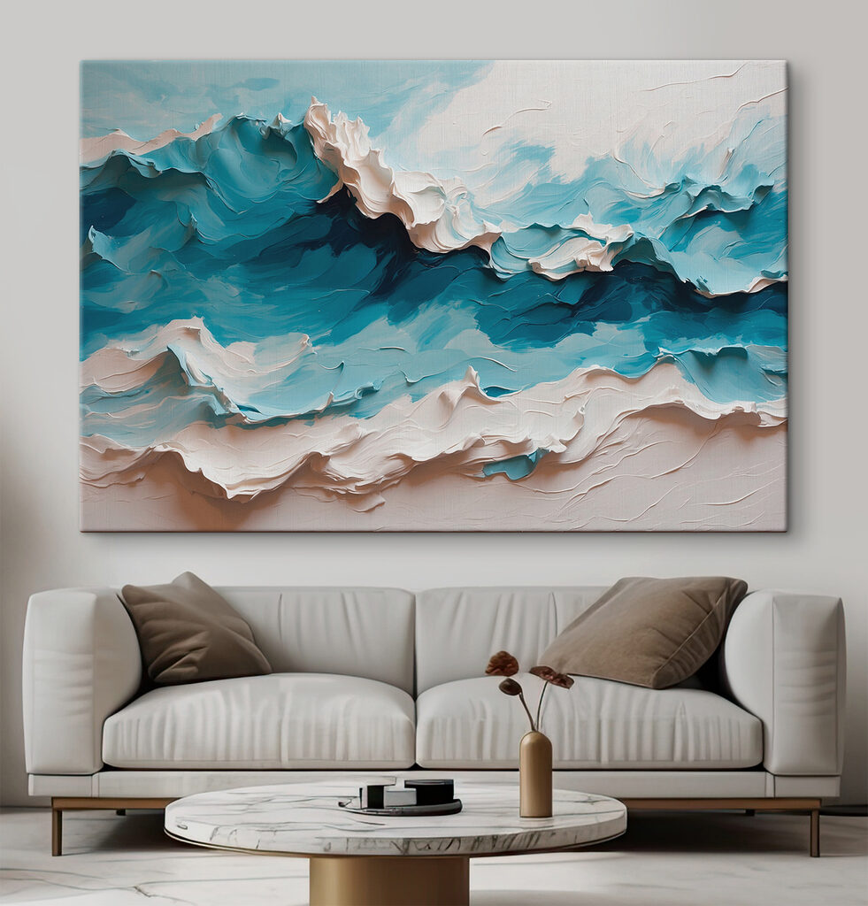 Painting of a mountain with white and blue waves