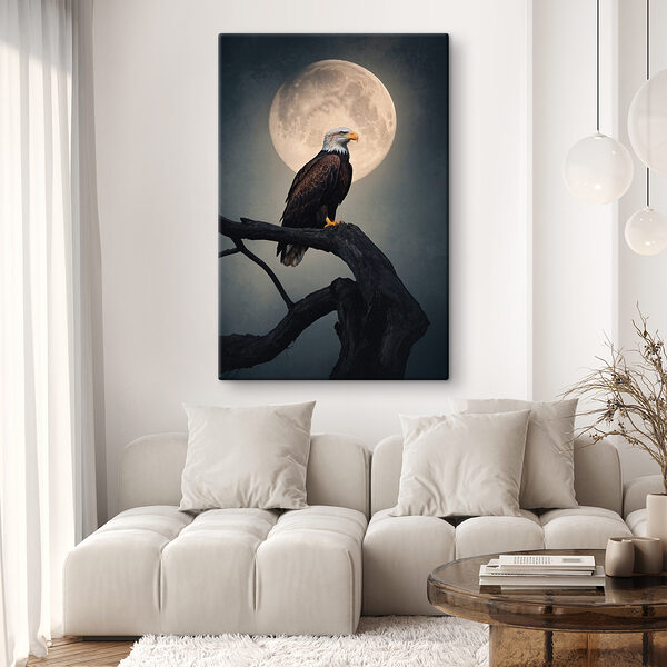 Bald eagle on a branch with a full moon in the background Bald eagle on a branch with a full moon in the background