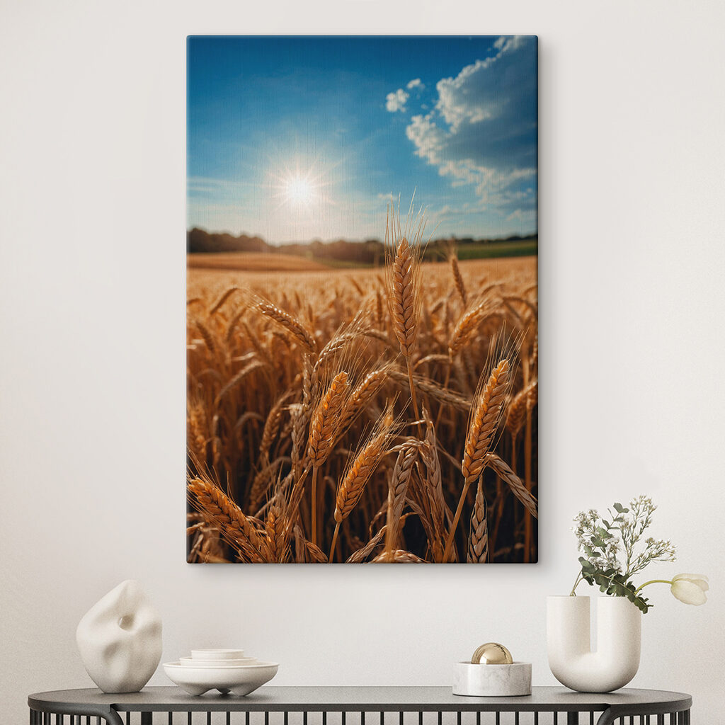 Field of wheat with the sun shining in the background