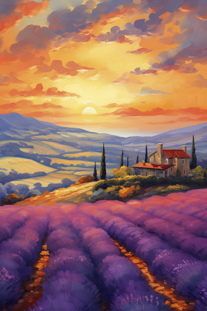 House on a hill with lavender fields
