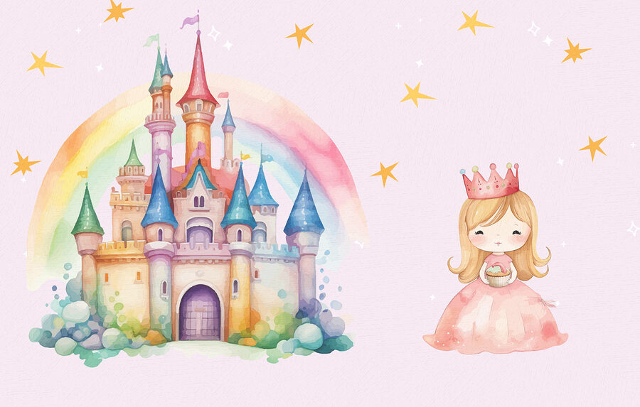 Kreslený obrázek princezny a hradu