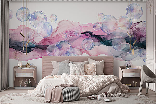 Group of bubbles in a pink and purple liquid