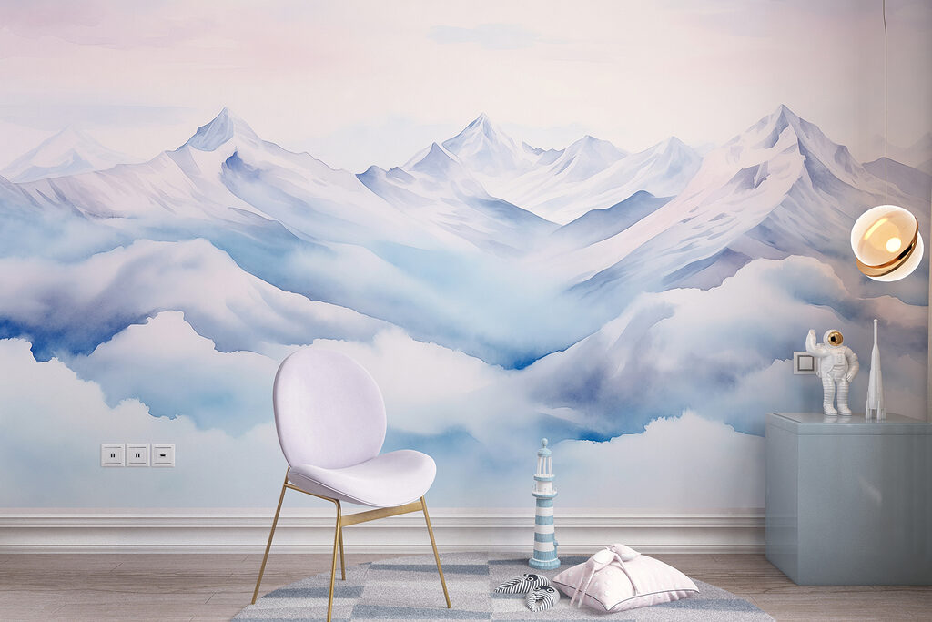 Watercolor painting of mountains and clouds