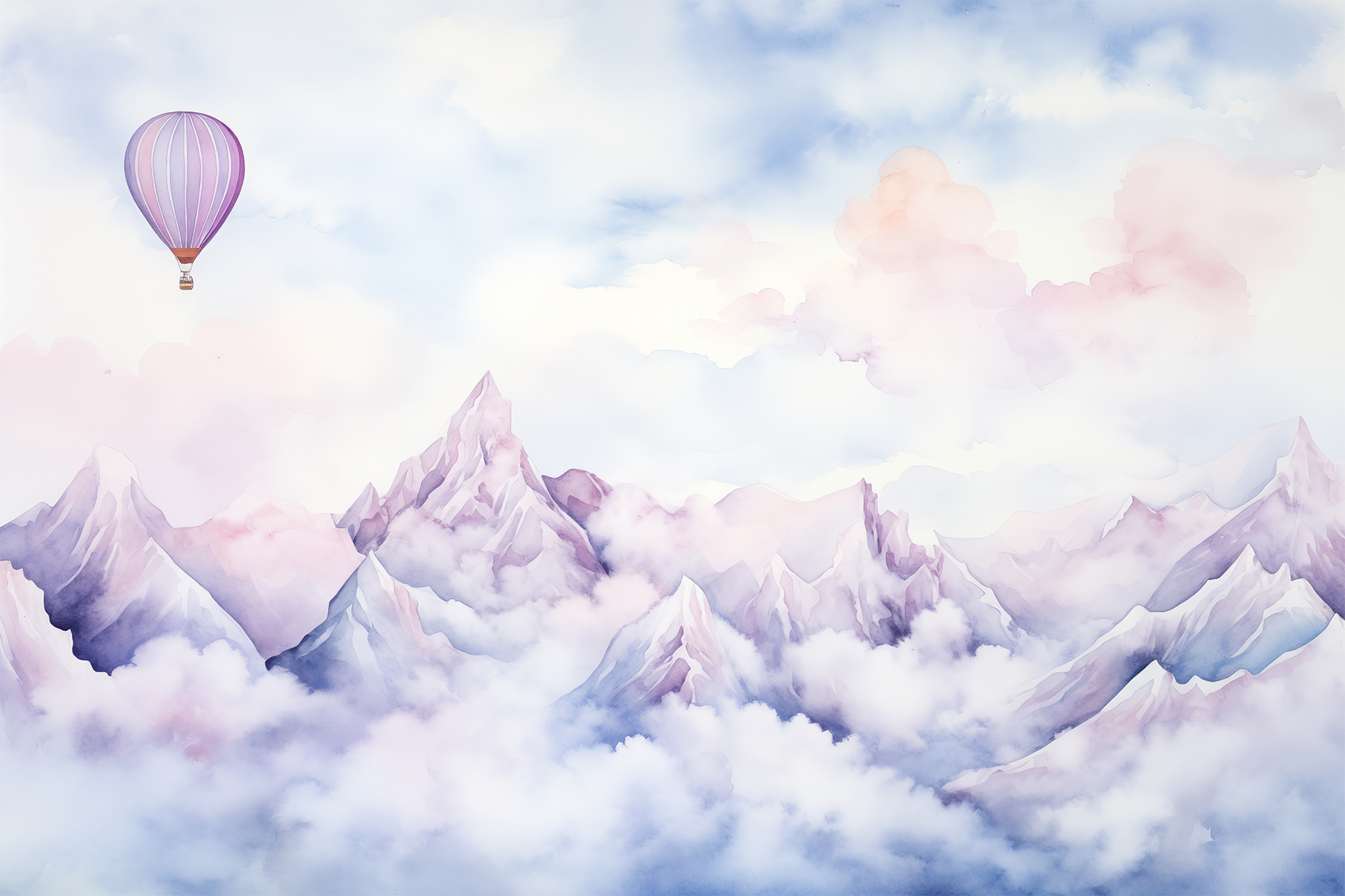 Painting of a mountain range with a balloon in the sky Painting of a mountain range with a balloon in the sky