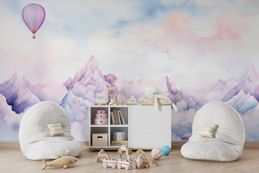 Painting of a mountain range with a balloon in the sky Painting of a mountain range with a balloon in the sky