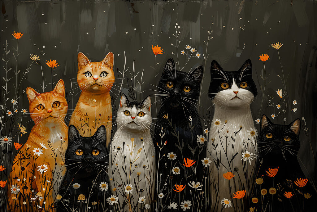 Group of cats in a field of flowers