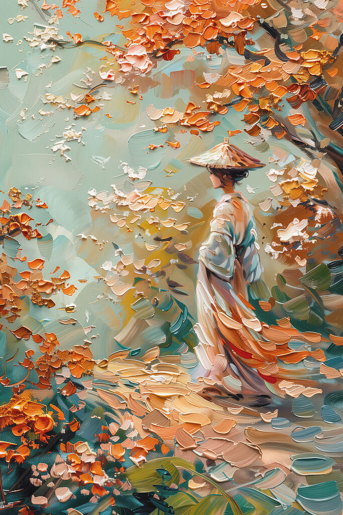 Painting of a woman walking in a park