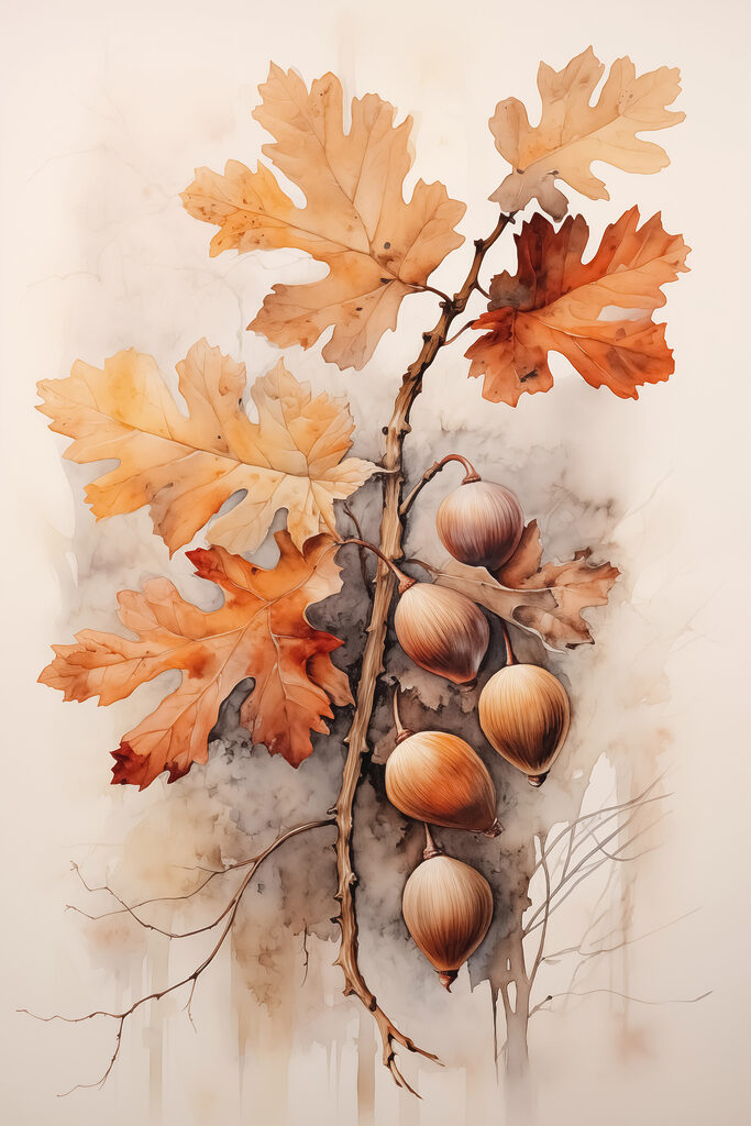 Acorns and leaves on a branch with a white background Acorns and leaves on a branch with a white background